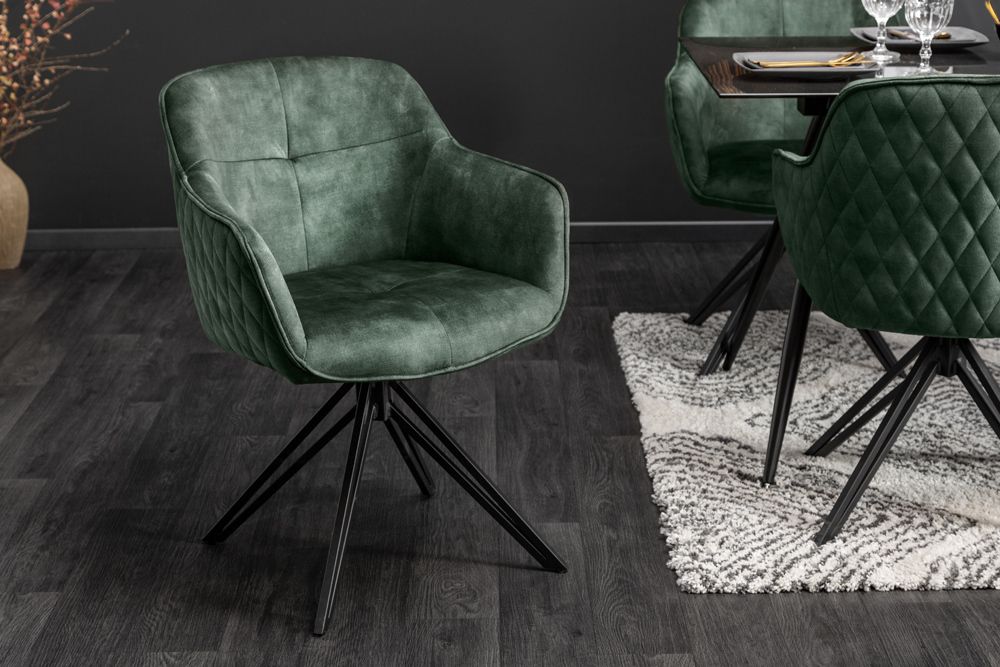 Drehbarer Design Stuhl EUPHORIA dunkelgrün Samt mit Armlehne Metallgestell schwarz
