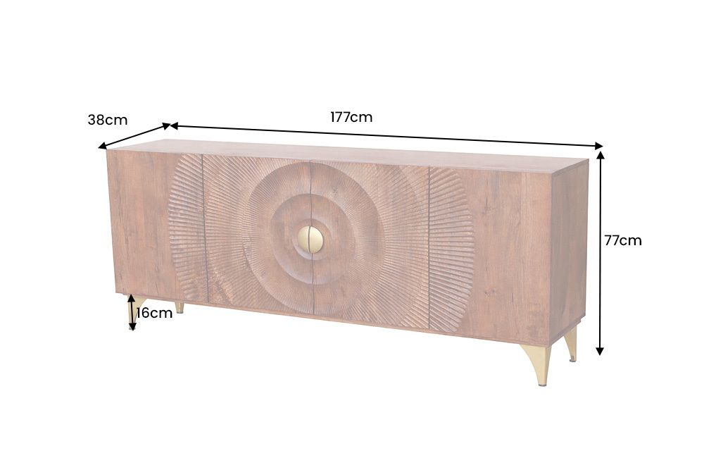 Handgearbeitetes Sideboard GOLDEN SUNSET 180cm braun mit 3D Schnitzereien gold Mangoholz Metallbeine