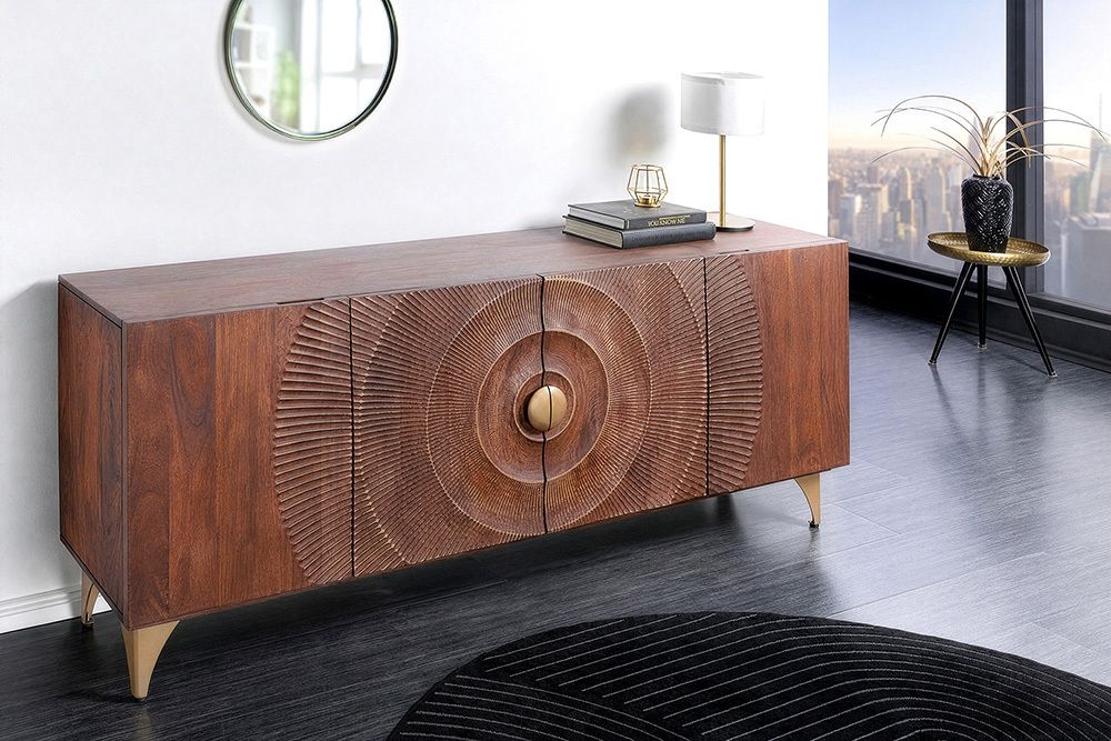 Handgearbeitetes Sideboard GOLDEN SUNSET 180cm braun mit 3D Schnitzereien gold Mangoholz Metallbeine