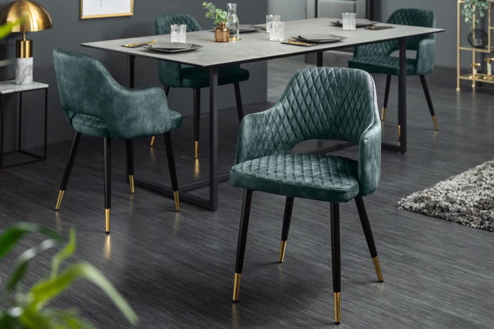 Eleganter Stuhl PARIS petrol Samt Ziersteppung Fußkappen gold Retro-Design mit Armlehnen