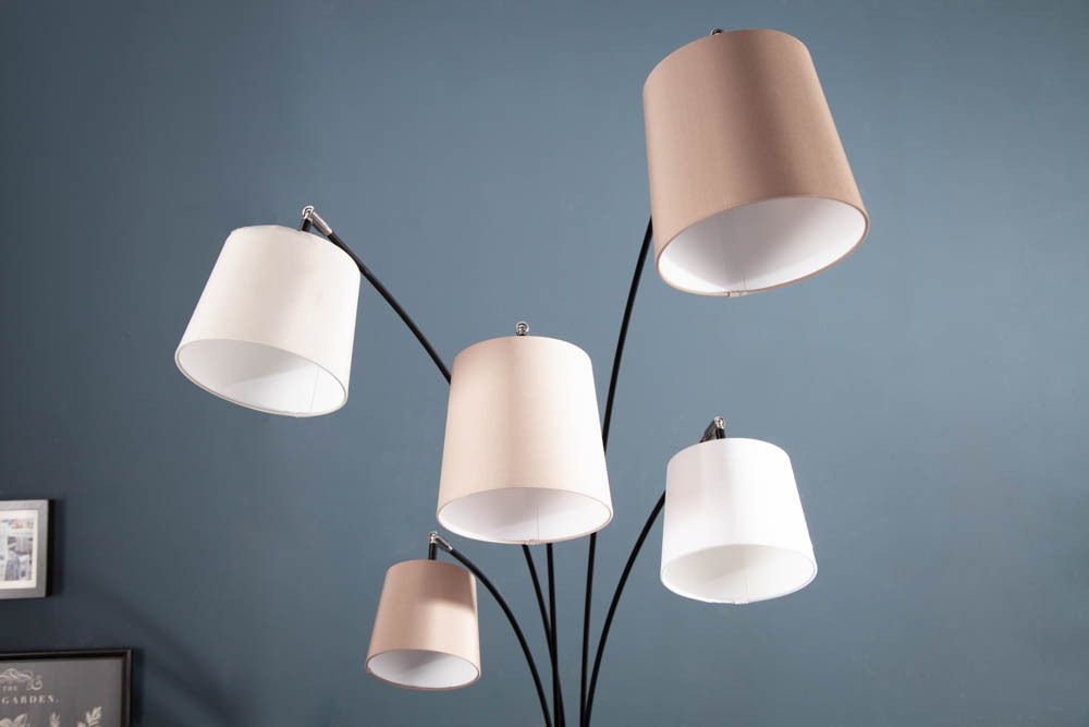 Design Bogenlampe LEVELS 205cm weiß beige braun 5 Leinenschirme Stehlampe