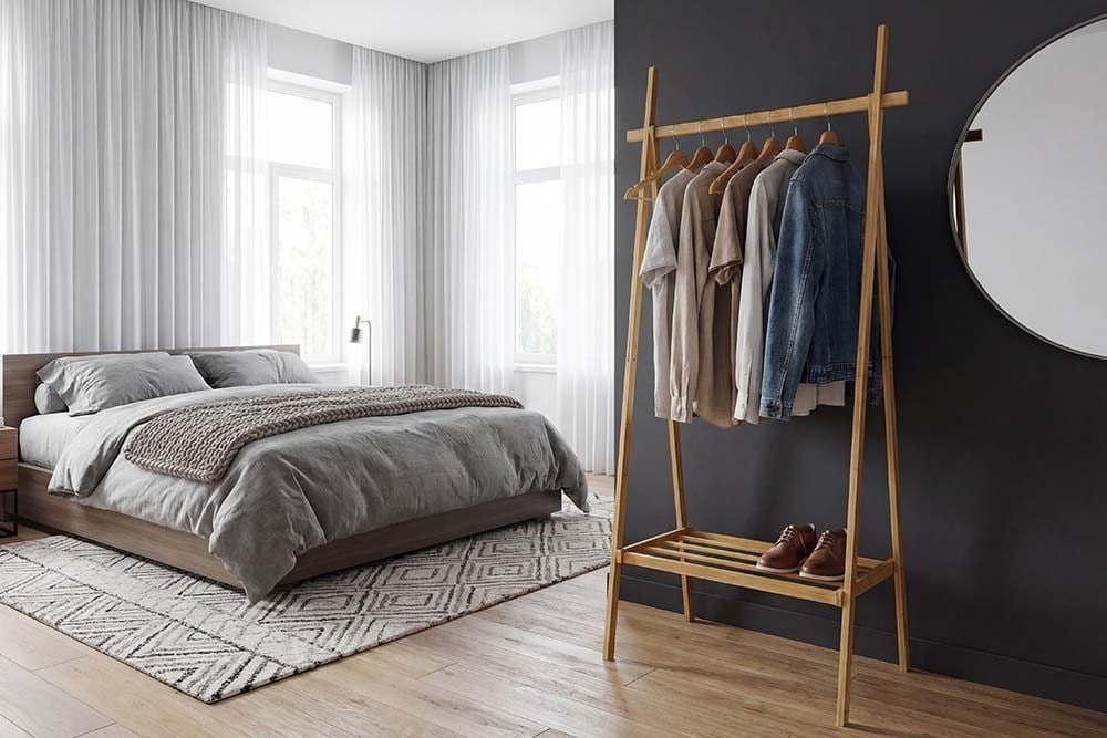 Massivholz Garderobe ZEN-BO 160cm natur Bambus Kleiderstange mit Ablage