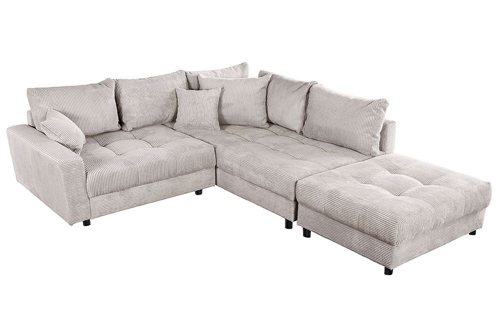 Modernes Ecksofa KENT 220cm beige Cord inkl. Hocker Federkern L-Form Wohnlandschaft