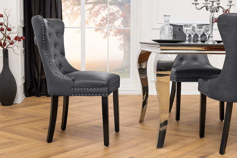 Chesterfield Stuhl CASTLE schwarz Kunstleder Massivholz mit Komfortgriff