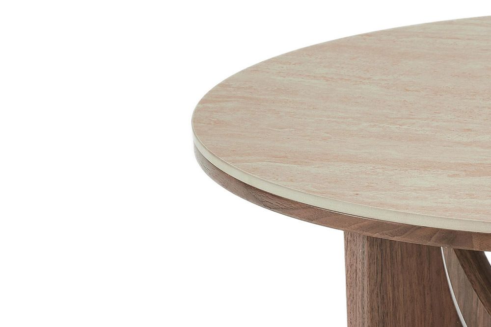 Runder Couchtisch ENSO 80cm champagner greige Travertin Keramik Walnussholz
