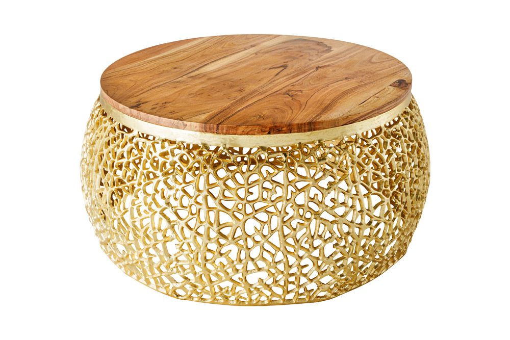 Runder Couchtisch ABSTRACT LEAF 75cm gold Metall massiv Akazienholz filigrane Handarbeit