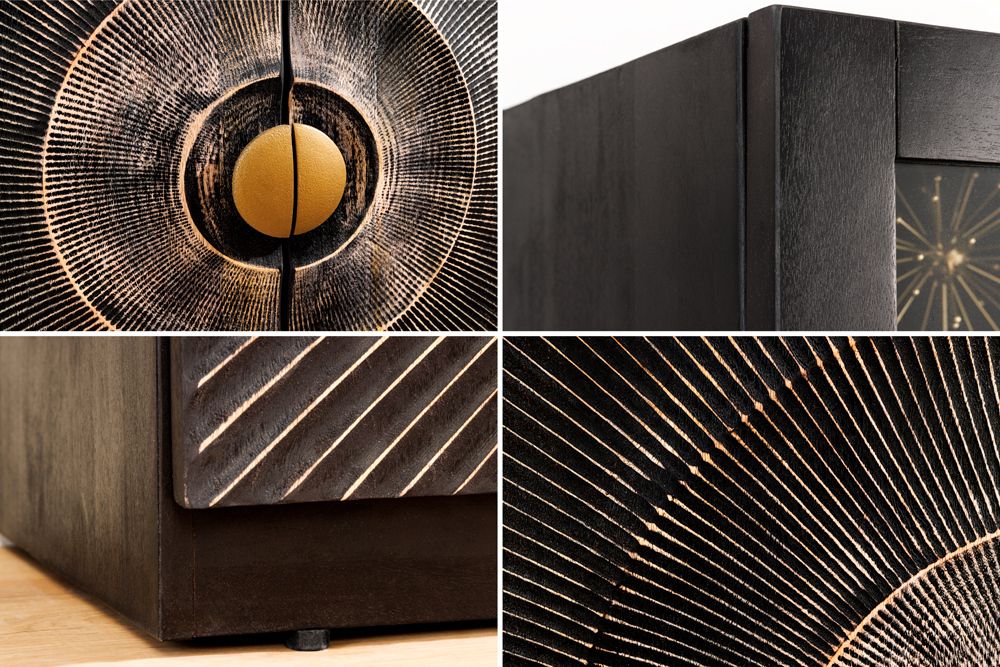 Massives Highboard GOLDEN SUNSET 180cm schwarz gold Mangoholz mit Glastüren Vitrine