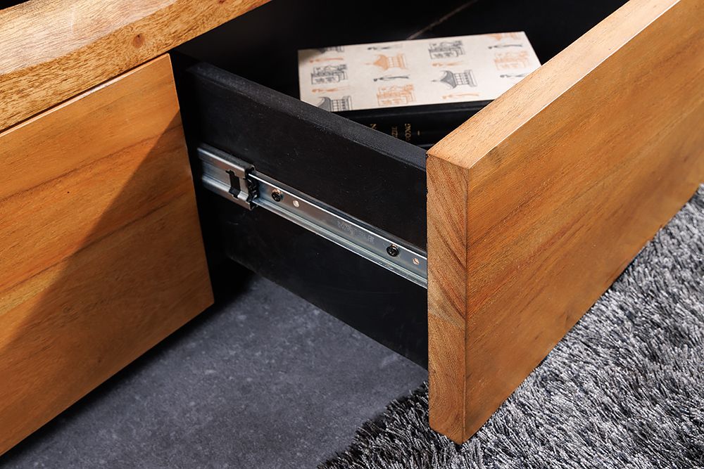 Massivholz TV-Lowboard GRAND ACACIA 180cm braun Akazie mit LED-Beleuchtung Baumkante