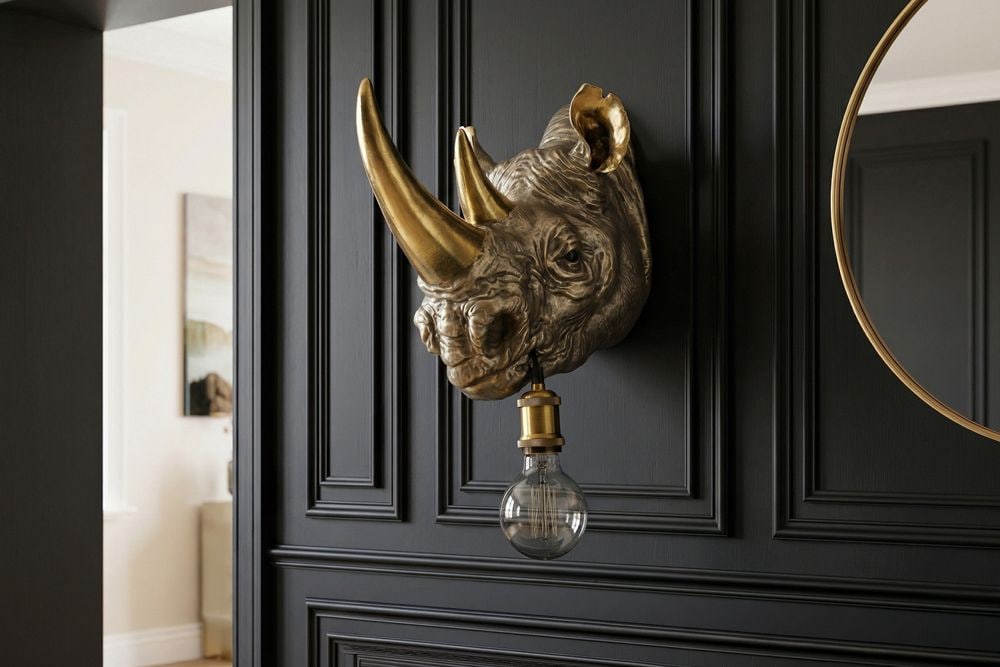 Moderne Wandlampe RHINO 40cm gold Nashorn-Skulptur handmade