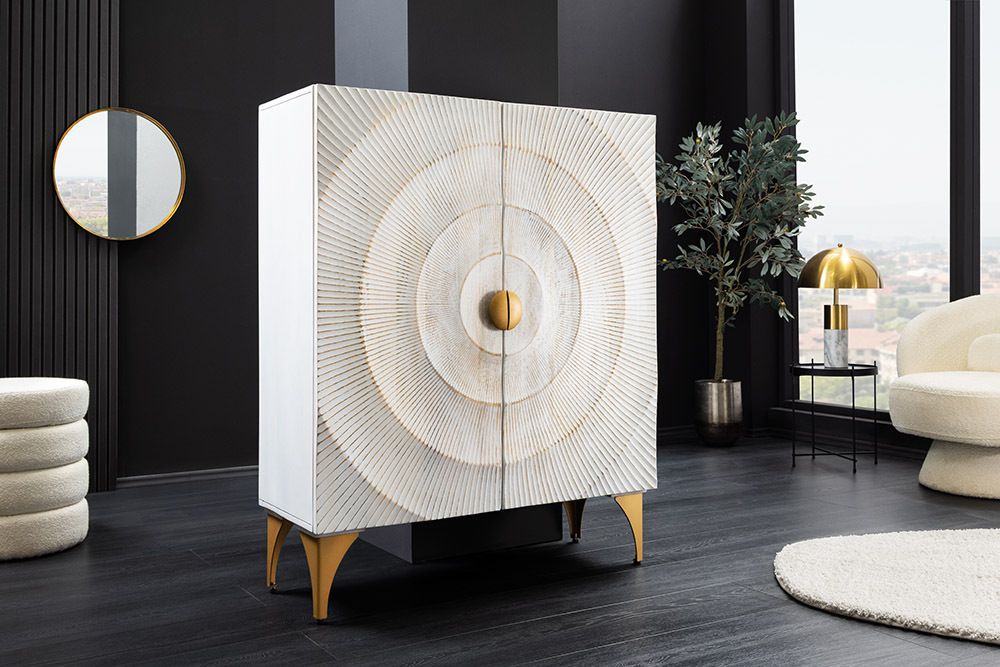 Massives Highboard GOLDEN SUNSET 120cm weiß gold Mangoholz mit 3D Schnitzereien