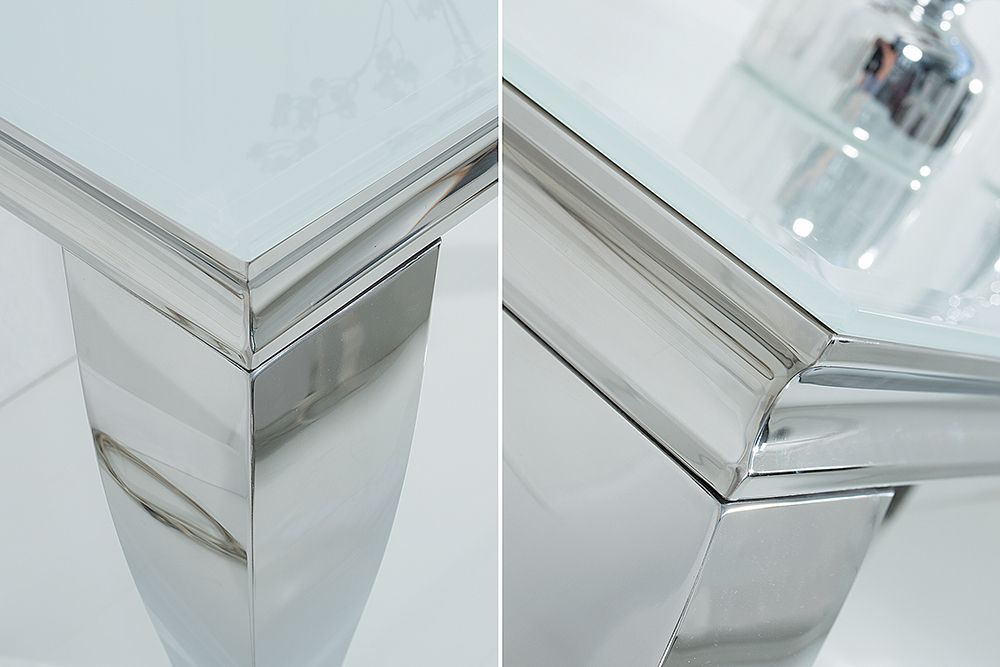Eleganter Konsolentisch MODERN BAROCK 145cm weiß Edelstahlbeine Opalglas