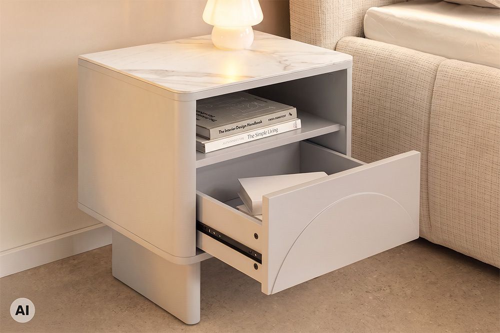 Nachttisch SAVOY 50cm kaschmir beige Keramik Marmor weiß Beistelltisch