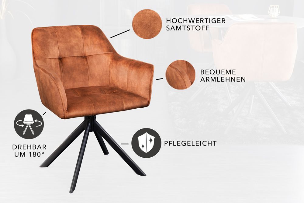 Design Stuhl LOFT rost braun Samt drehbar Metallgestell schwarz mit Armlehne