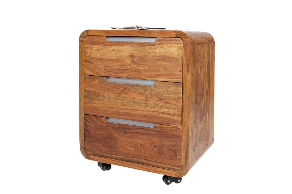 Massiver Rollcontainer CUBUS 60cm braun Sheeshamholz stone finish drei Schubladen