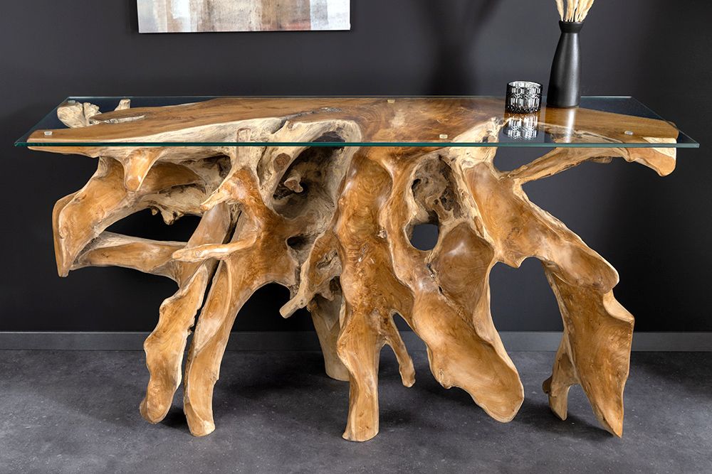 Massiver Konsolentisch ROOT 150cm natur Teak Massivholz aus Wurzelholz Glasplatte