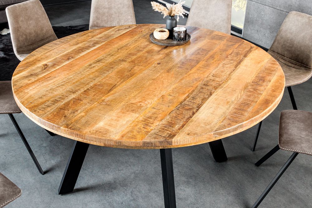 Massiver Esstisch IRON CRAFT 140cm natur rund Mangoholz Metall Industrial Design