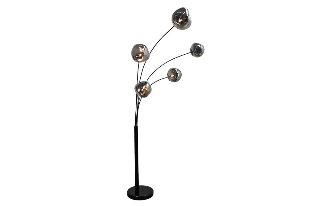 Design Stehlampe LIQUID DIAMOND 200cm schwarz smoke grau fünf Glasschirme mit Marmorfuß