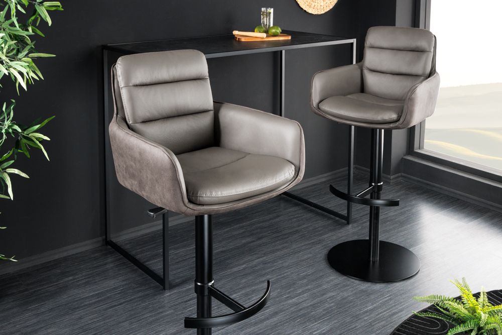 Drehbarer Design Barhocker BIG GEORGE taupe Echtleder Microfaser höhenverstellbar mit Armlehnen