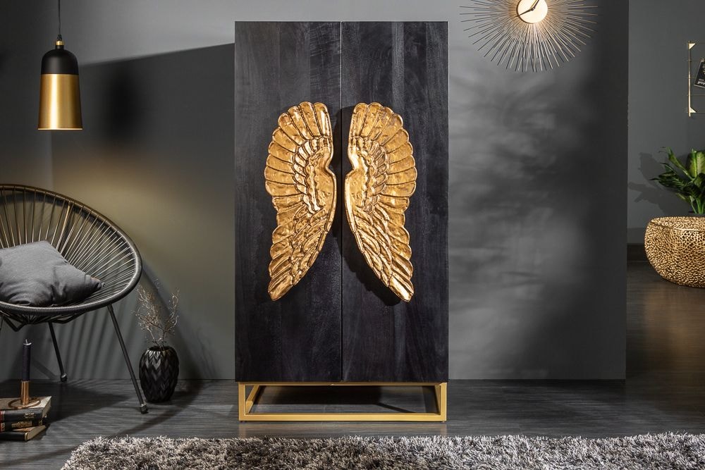 Extravagantes Highboard ANGEL 140cm schwarz Mangoholz mit goldenen Flügeln