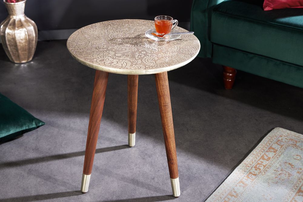 Design Beistelltisch ALCAZAR 50cm antik silber Metall Mangoholz Handarbeit rund