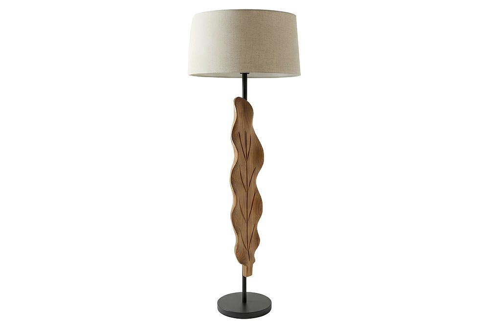 Massive Stehlampe LEAF 130cm weiß natur Teakholz Blatt-Design mit Stoffschirm