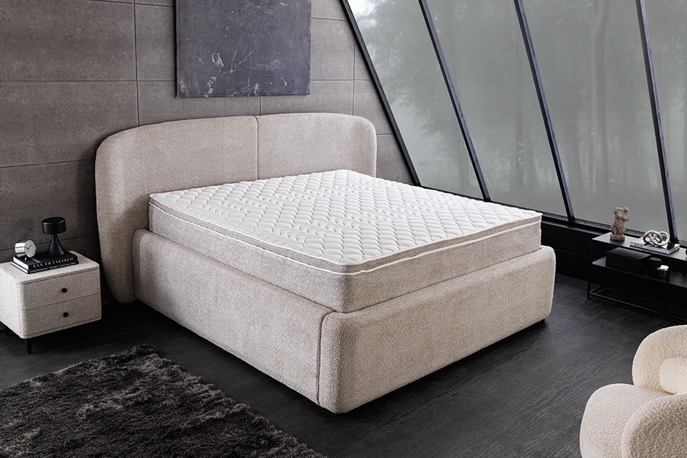 Modernes Boxbett ART DECO 180x200cm greige Bouclé mit Stauraum Matratze und Topper