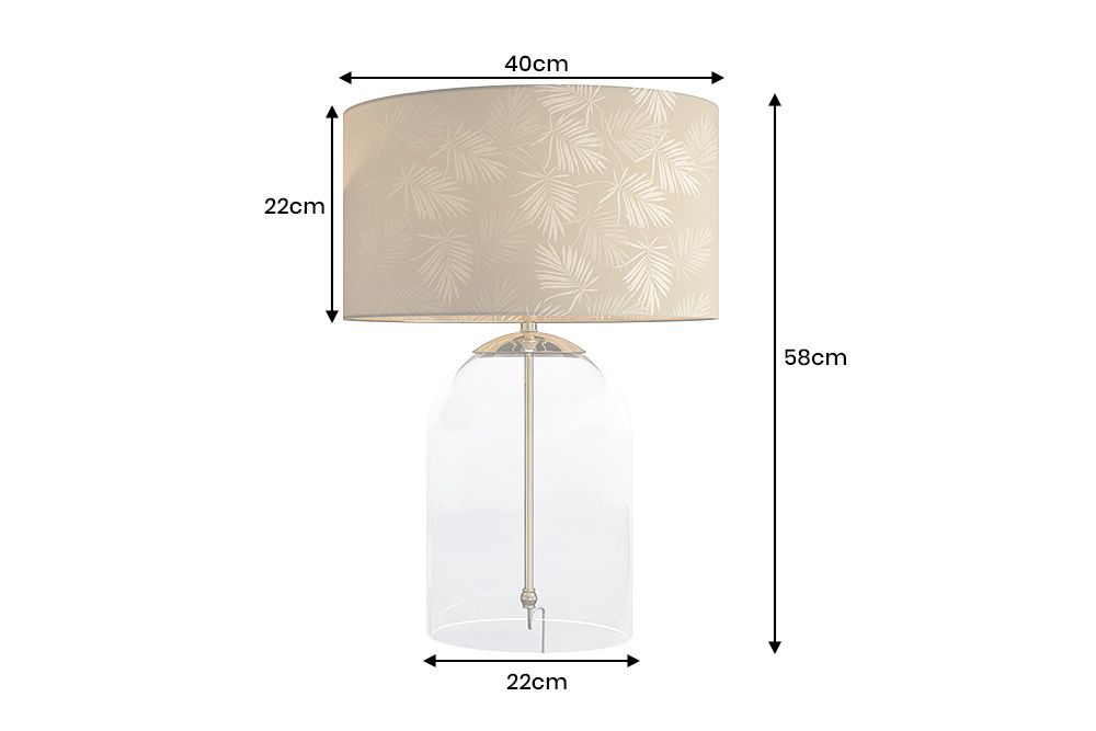 Moderne Tischlampe CLASSICO 60cm transparent Glas weiß gold Leinenschirm