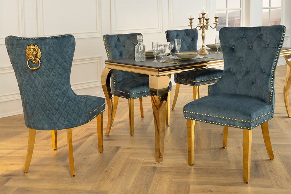 Barock Stuhl CASTLE DELUXE petrol Samt gold Edelstahl mit Löwenkopf Ziernieten