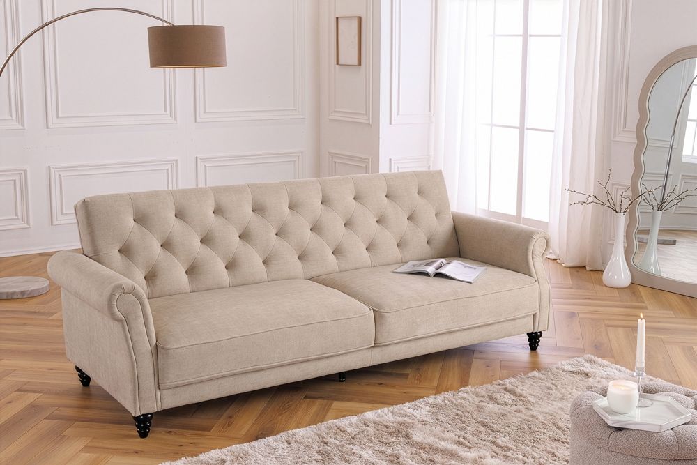 Schlafsofa MAISON BELLE AFFAIRE 220cm champagner beige Vogue Seiden Samtstoff 3-Sitzer
