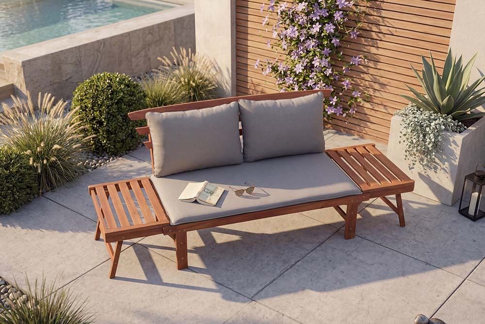 Outdoor Garten Sitzbank MODULAR 200cm natur grau Akazie inkl. Kissen klappbar