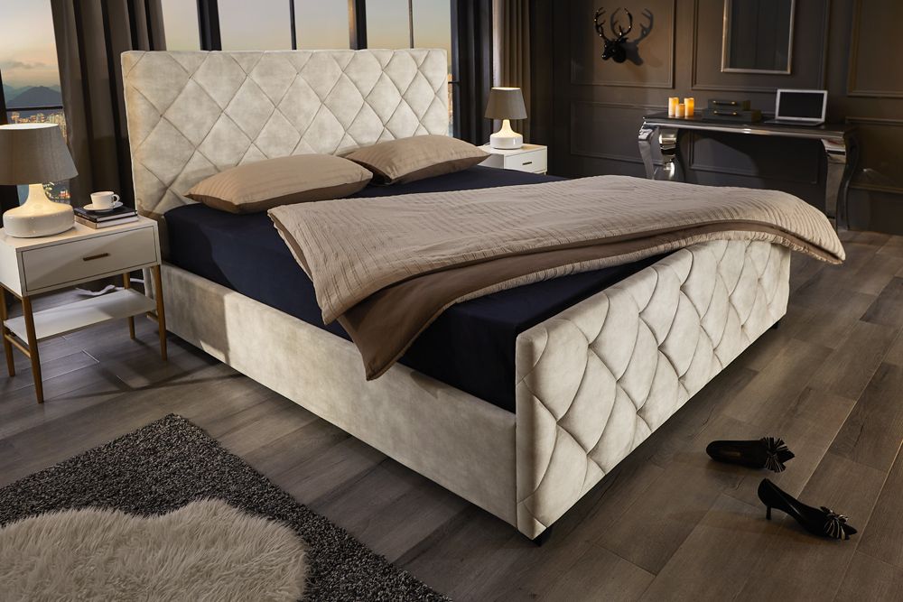 Design Boxbett ELYSIUM 180x200cm champagner beige Samt mit Stauraum und Lattenrost