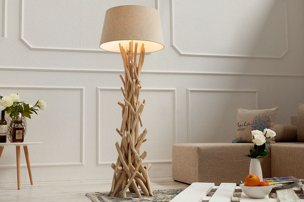 Handgefertigte Treibholz Stehlampe WILD NATURE 155cm sand mit Leinenschirm