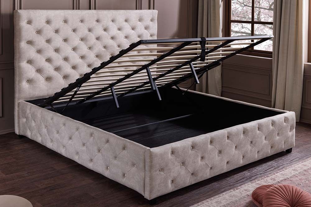 Design Boxbett PARIS 160x200cm champagner beige Samt mit Stauraum und Lattenrost