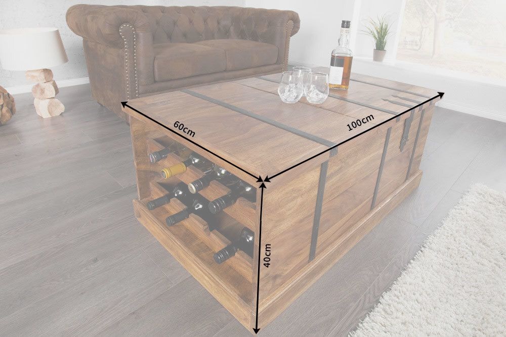 Massivholz Couchtisch BODEGA 100cm braun Sheesham stone finish Truhe Stauraum Weinregal