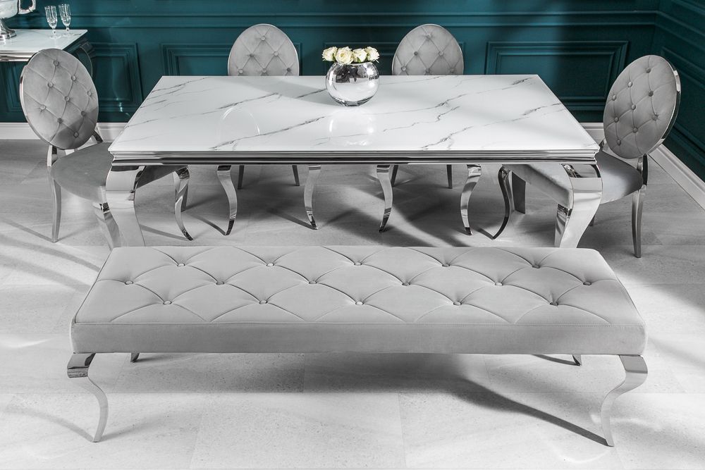 Design Esstisch MODERN BAROCK 200cm weiß chrom Glasplatte Marmor Edelstahlbeine