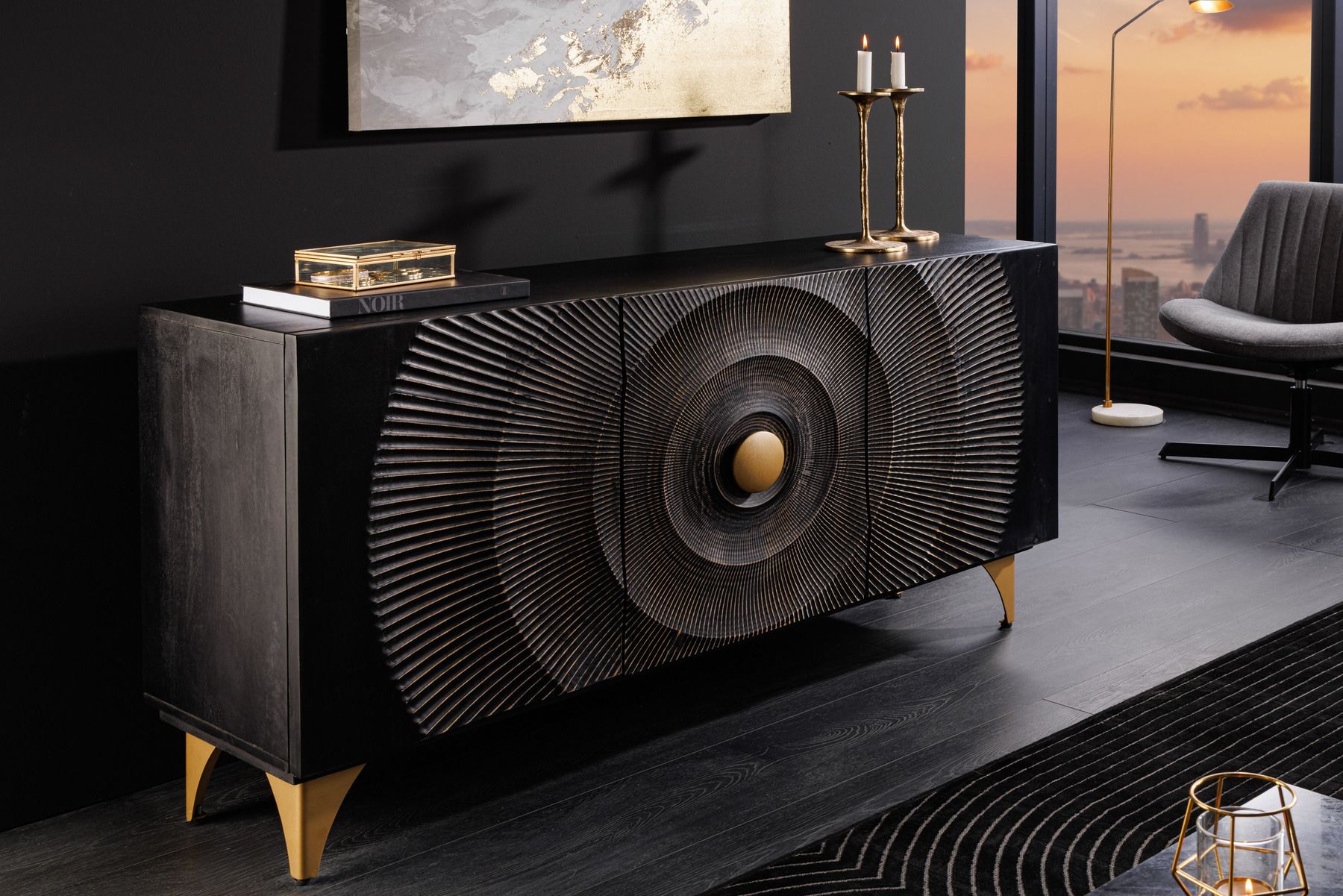 Handgearbeitetes Sideboard GOLDEN SUNSET 140cm schwarz mit 3D Schnitzereien gold Mangoholz Metallbeine