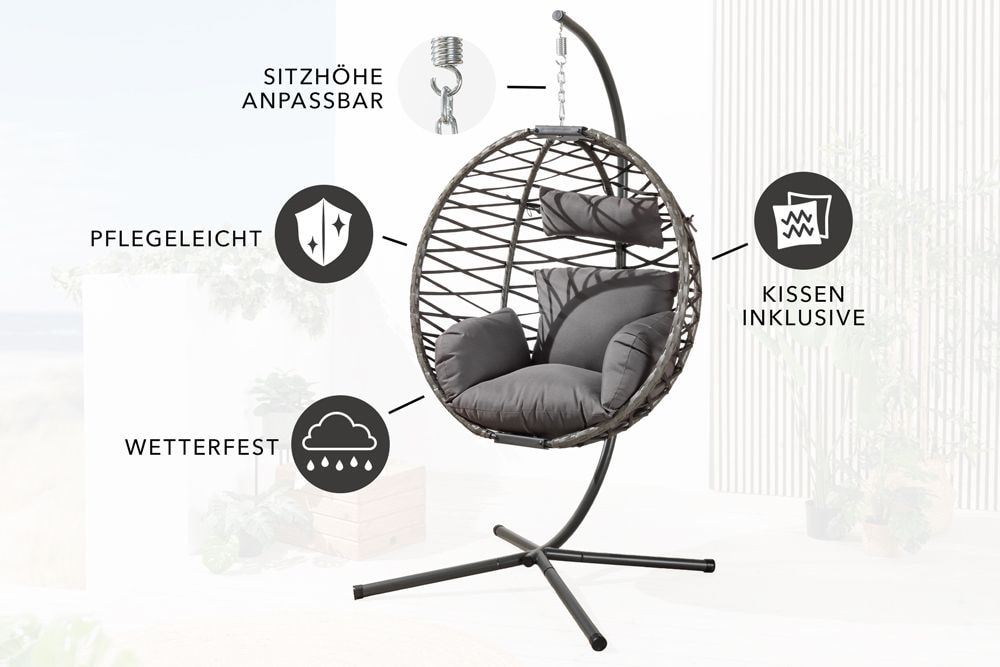 In- und Outdoor Hängesessel IBIZA anthrazit Rattan mit Gestell wetterfest inkl. Kissen