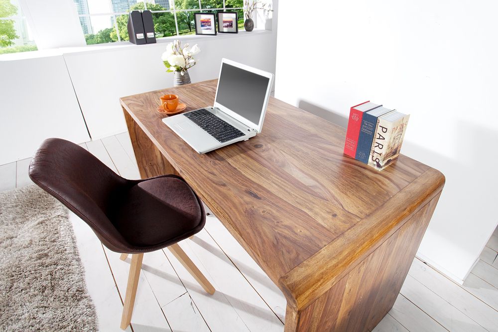 Massivholz Bürotisch CUBUS 120cm braun Sheeshamholz stone finish Schreibtisch