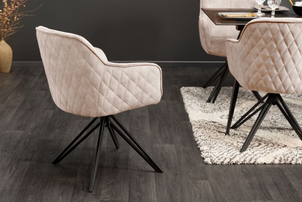 Drehbarer Design Stuhl EUPHORIA champagner greige Samt mit Armlehne Metallgestell schwarz