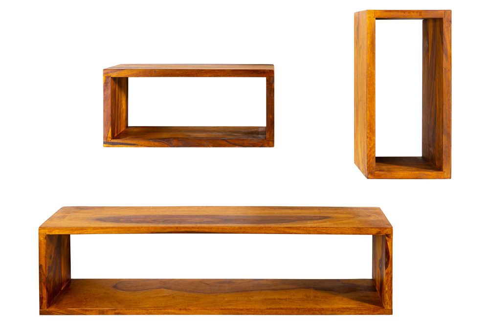 Massives Wandregal 3er Set HEMINGWAY 94cm braun Sheeshamholz stone finish