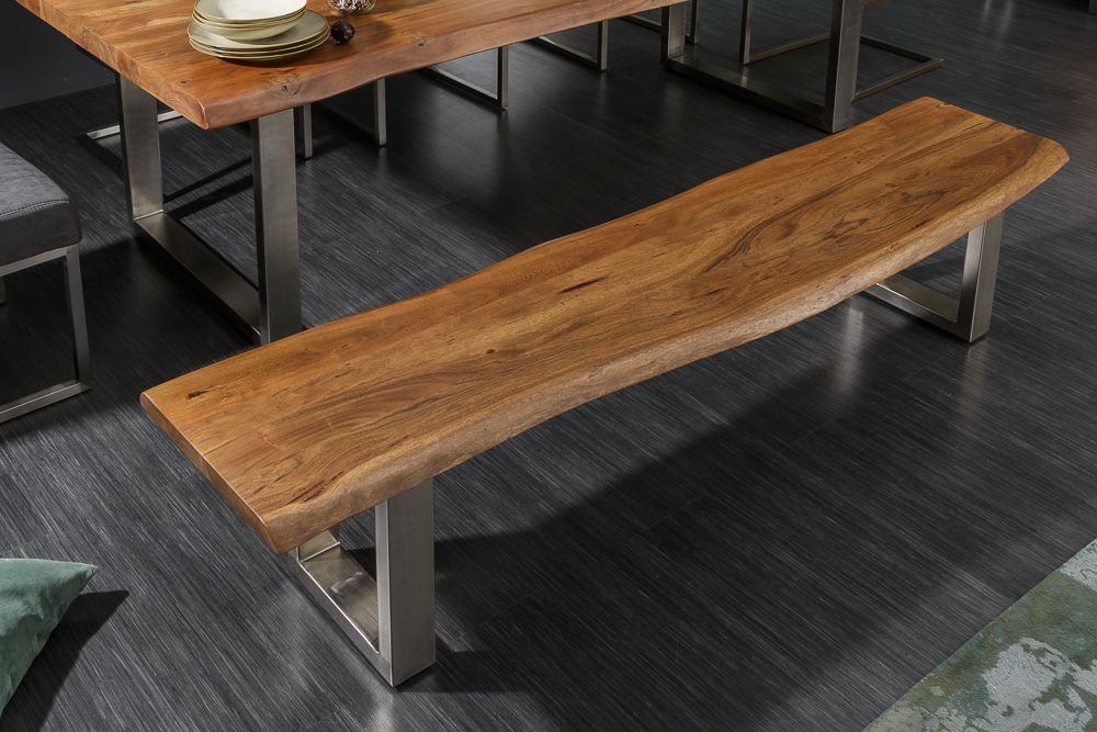 Massive Baumstamm Bank MAMMUT NATURE 160cm Akazie Industrial Chic Sitzbank Kufengestell