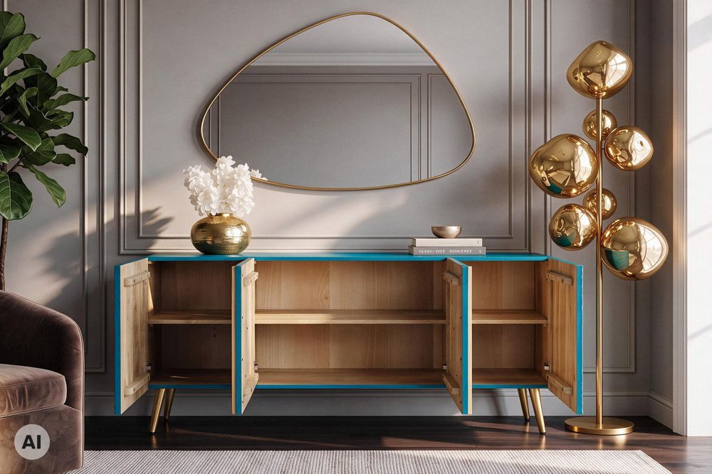 Massives Sideboard AURUM 180cm türkis Mangoholz mit ikonischem Gold-Element