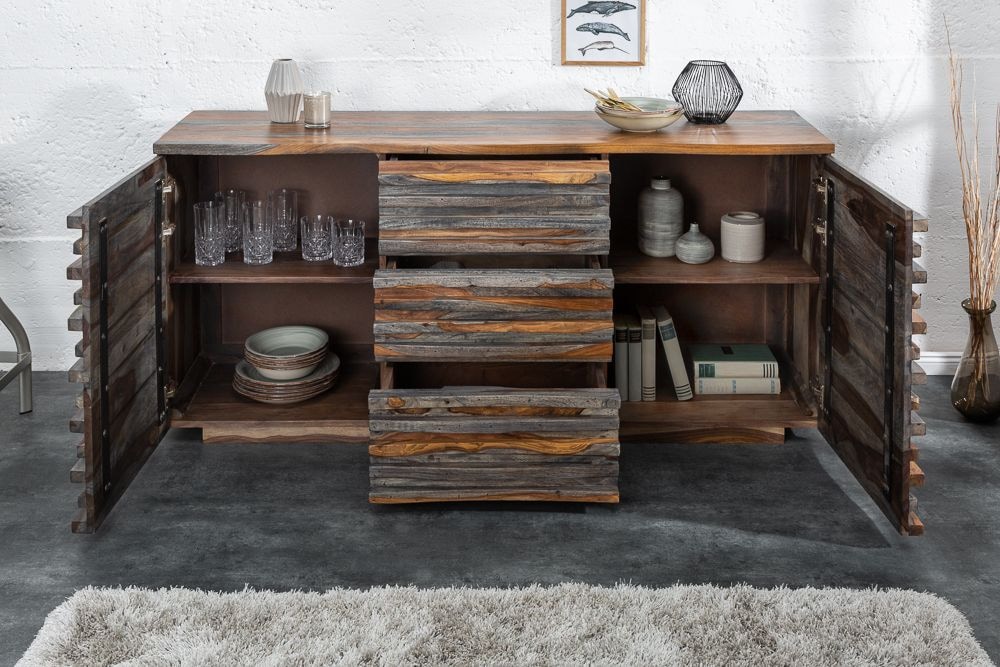 Massivholz Sideboard RELIEF 160cm Sheesham grau smoke finish Kommode mit Schubladen