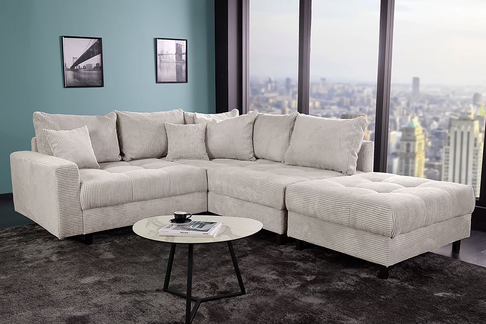 Modernes Ecksofa KENT 220cm beige Cord inkl. Hocker Federkern L-Form Wohnlandschaft