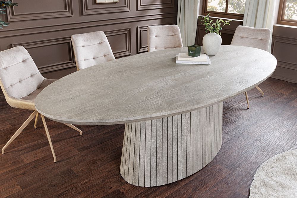 Ovaler Esstisch ART DECO 220cm smoke grau massives Mangoholz mit Säulenfuß