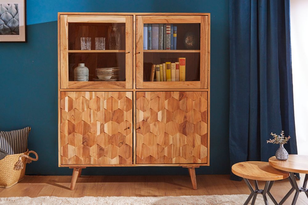 Massivholz Highboard MYSTIC LIVING 140cm Akazie natur Vitrine 3D-Oberfläche
