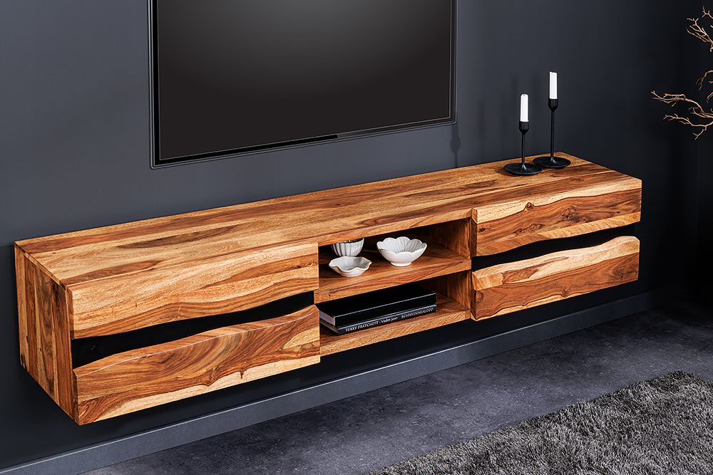 Hängendes TV-Lowboard AMAZONAS 160cm braun Sheesham Massivholz Baumkante Metall schwarz