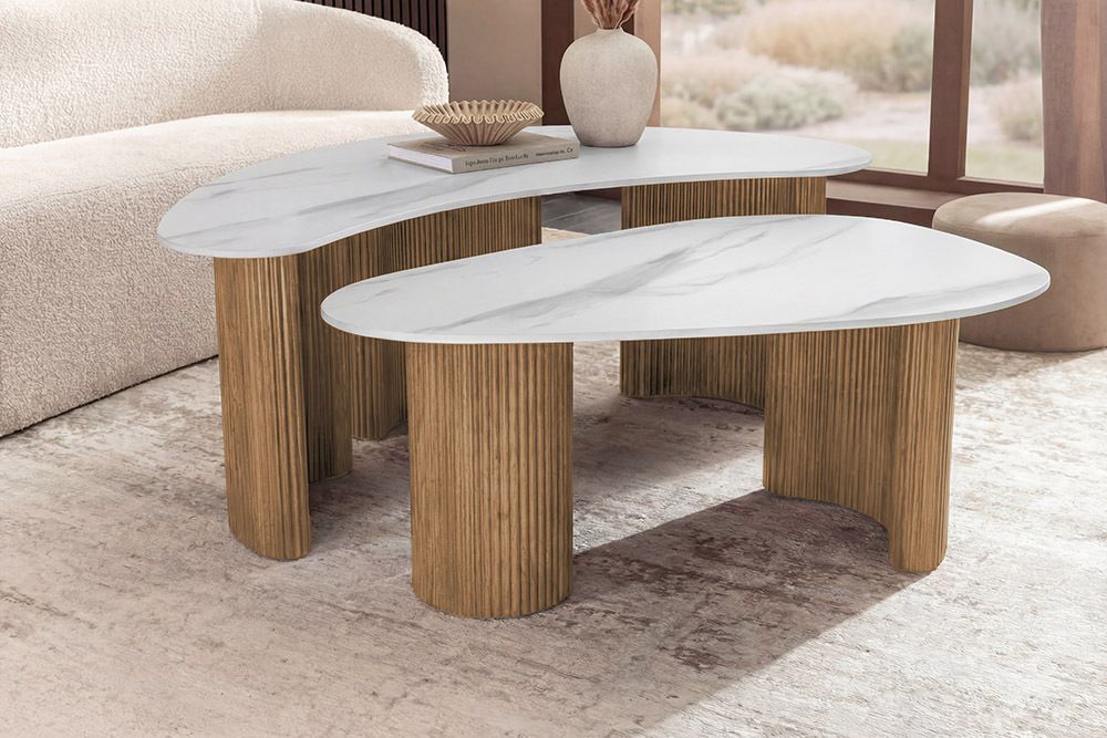 2er Set Couchtische OSAKA 120cm weiß Marmor Keramik natur Eiche