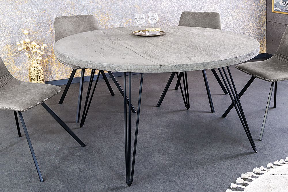 Runder Esstisch SCORPION 80cm grau Mangoholz massiv schwarze Metallbeine Hairpin Legs