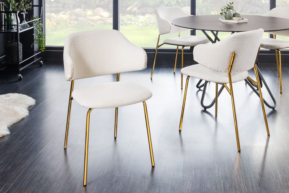 Design Stuhl VOGUE weiß Bouclé goldene Metallbeine